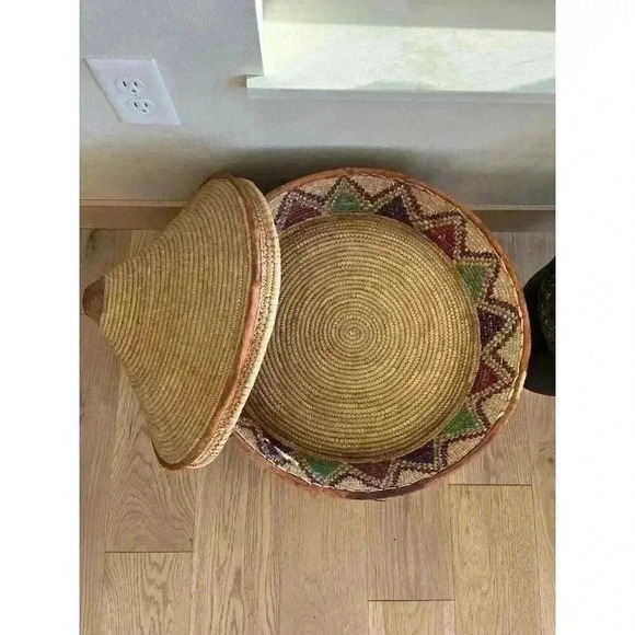 Antique Large woven basket With Lid Reversible Pointed Coil Cone Leather Piping - Picture 7 of 7